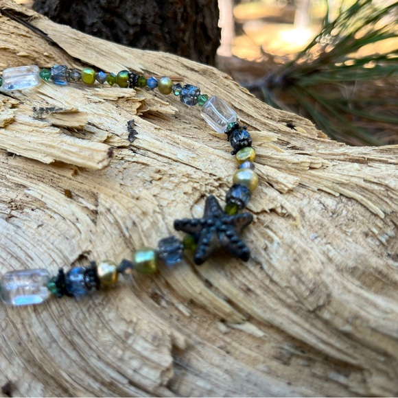 Vintage Jewelry - Artisan Starfish Necklace Glass, Iridescent, Metal Blues & Greens